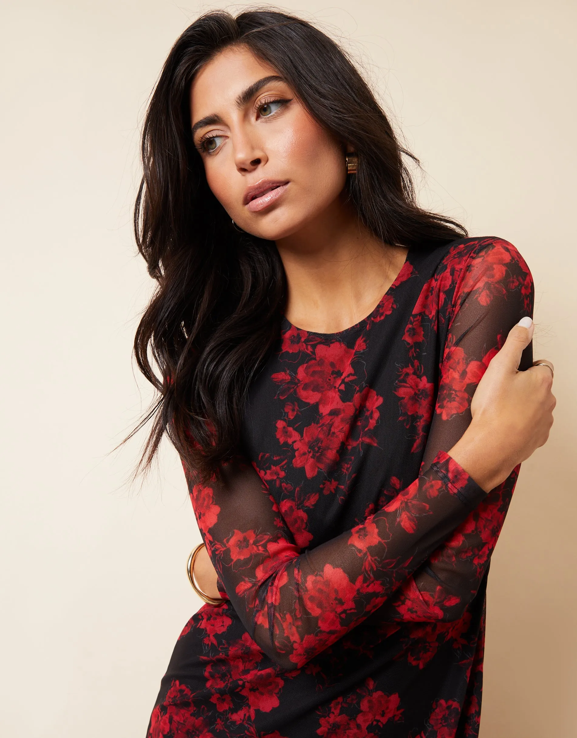 Women's Black & Red Floral Print Long Sleeve Mesh Midi Dress sold by Threadbare product image thumbnail 4