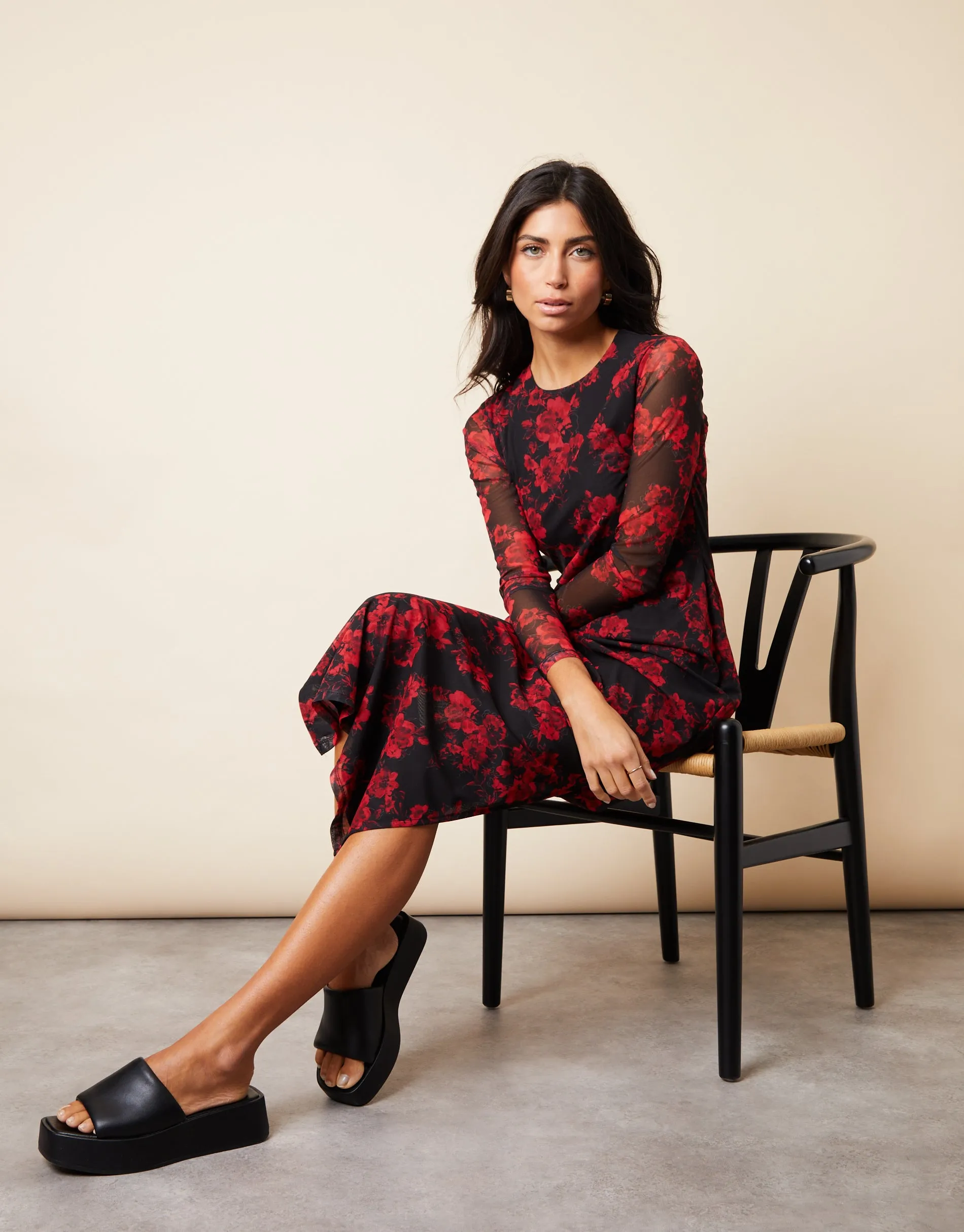 Women's Black & Red Floral Print Long Sleeve Mesh Midi Dress sold by Threadbare product image thumbnail 5