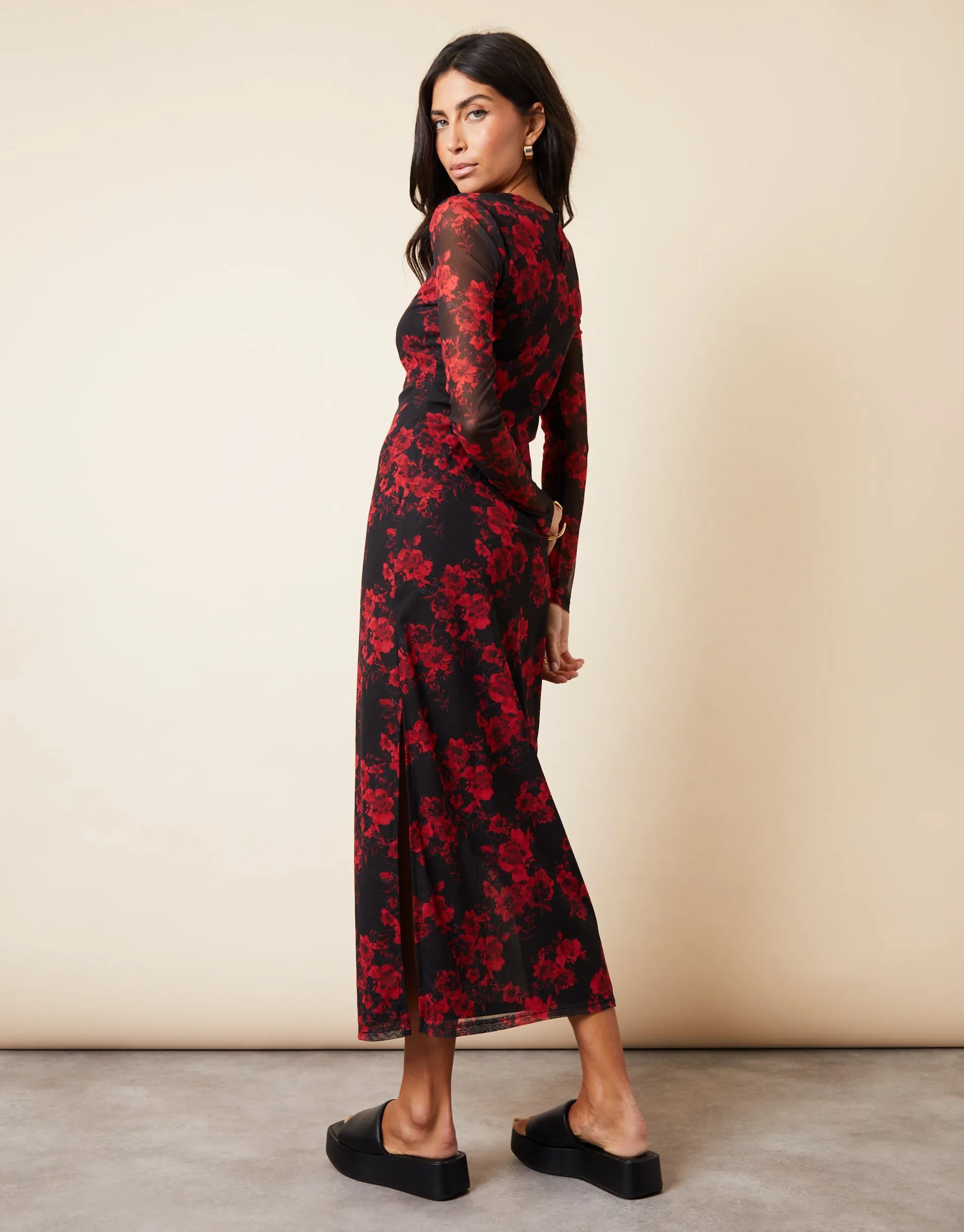 Women's Black & Red Floral Print Long Sleeve Mesh Midi Dress sold by Threadbare product image thumbnail 2