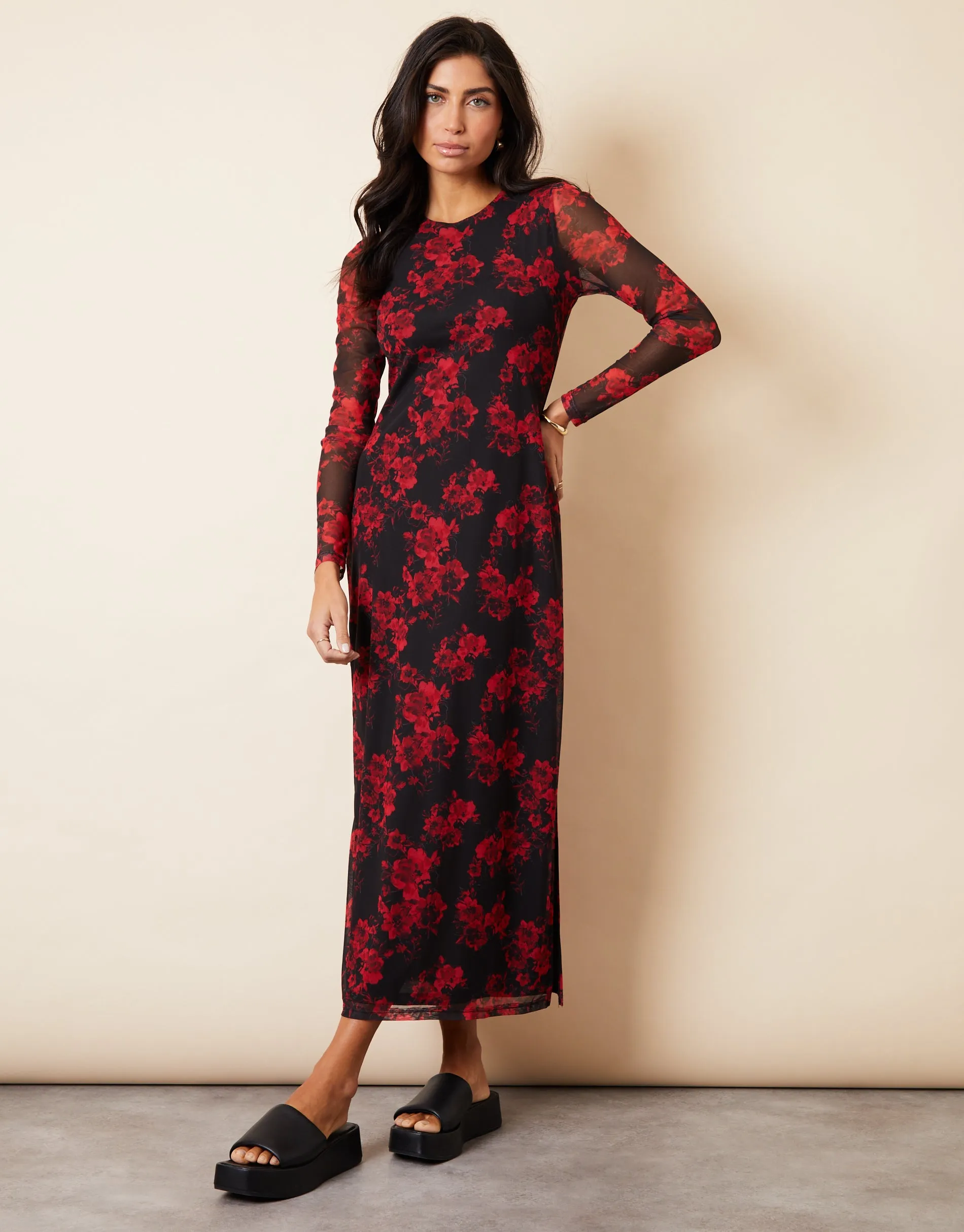 Women's Black & Red Floral Print Long Sleeve Mesh Midi Dress sold by Threadbare