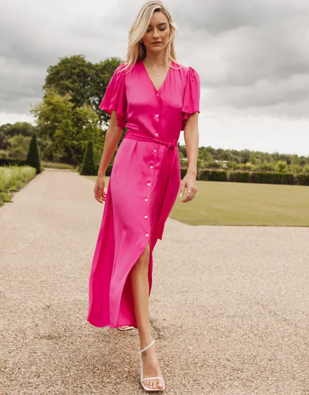 Women's Pink Satin Button Down Midi Dress sold by Threadbare
