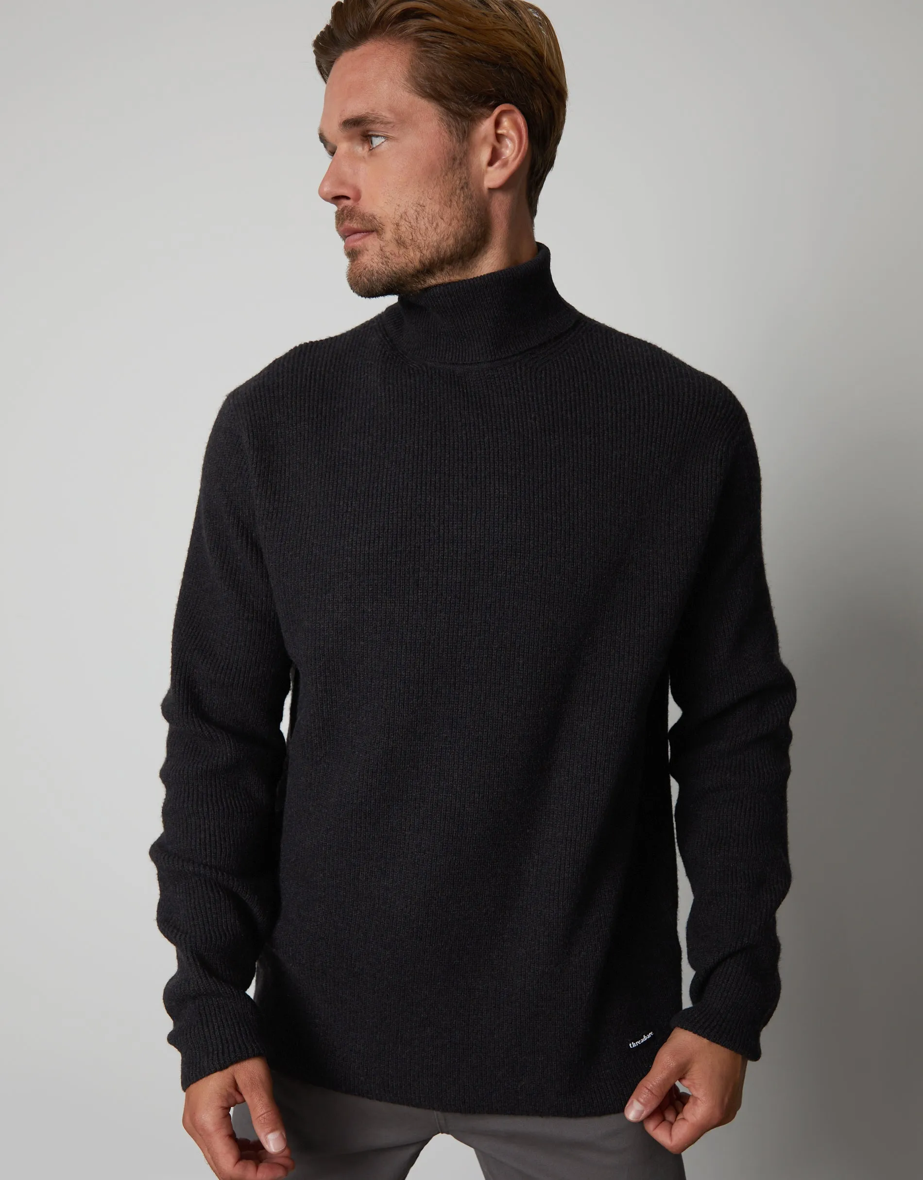 Men's Black Ribbed Roll Neck Jumper sold by Threadbare