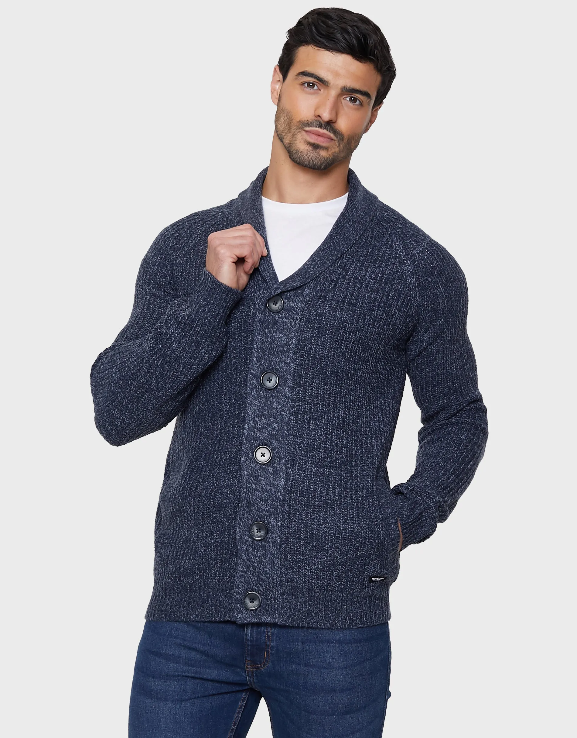 Men's Navy Shawl Cardigan sold by Threadbare