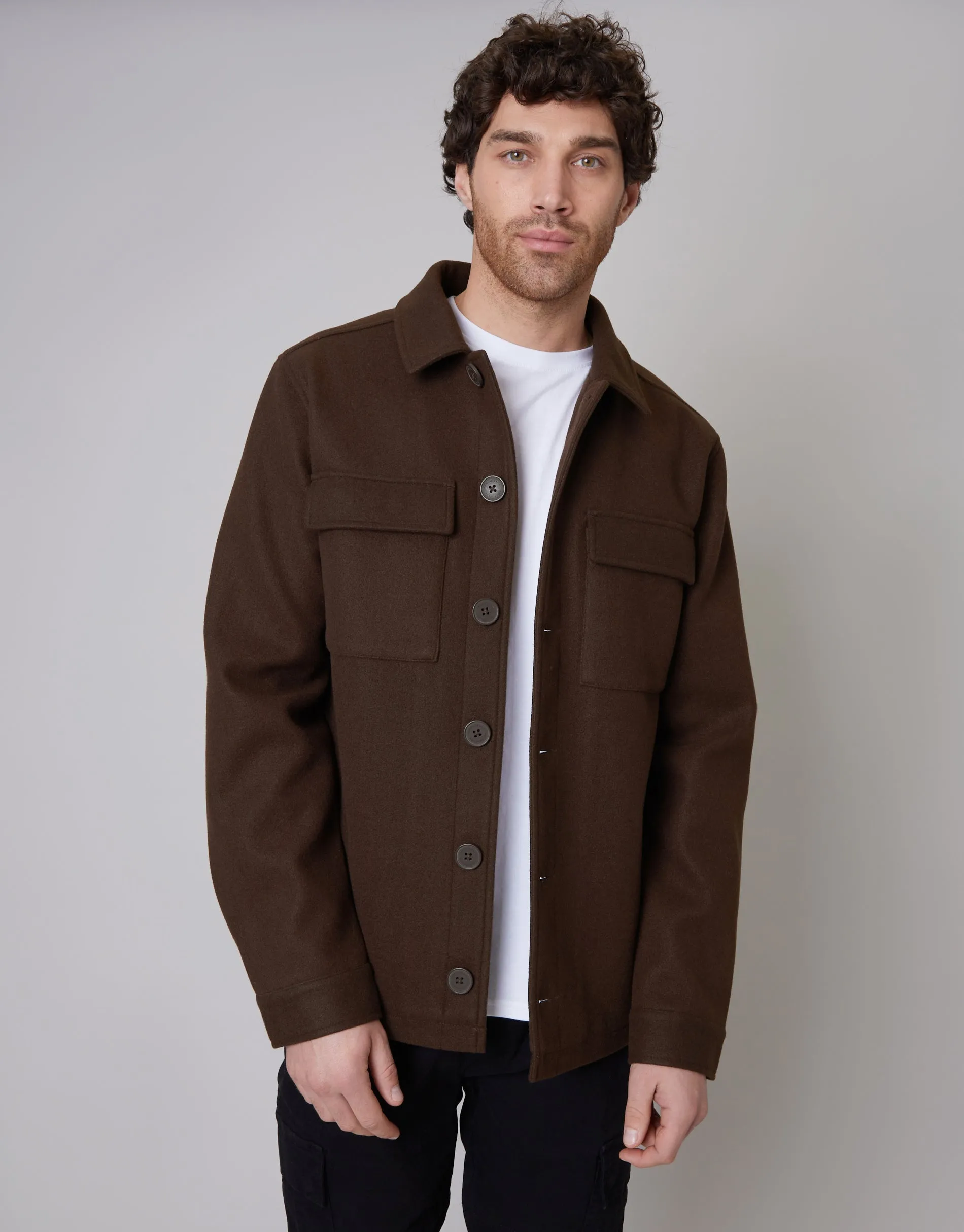 Men's Brown Mock Wool Shacket sold by Threadbare