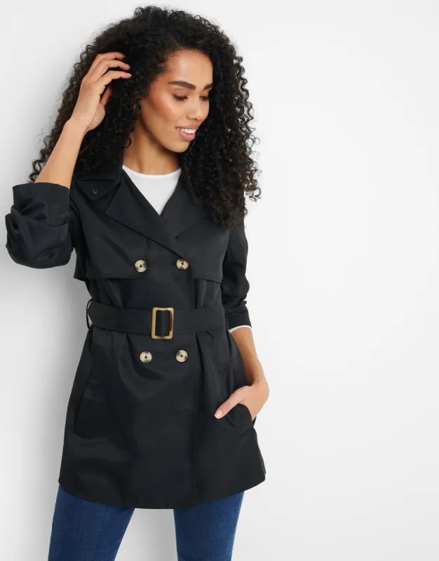 Women's Black Short Trench Coat made by Threadbare