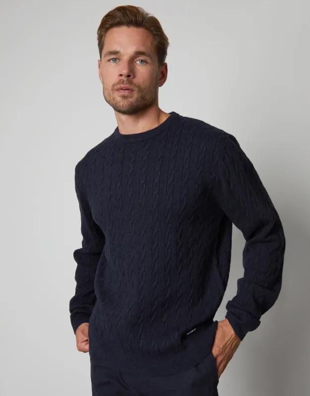 Men's Navy Ribbed Cable Knit Crew Neck Jumper sold by Threadbare