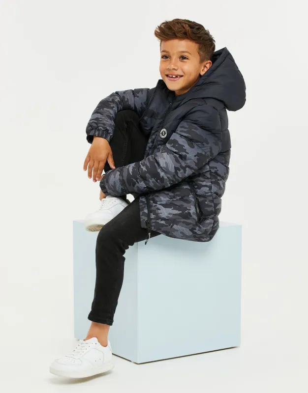 Boys' Black Ombré Camo Puffer Jacket sold by Threadbare
