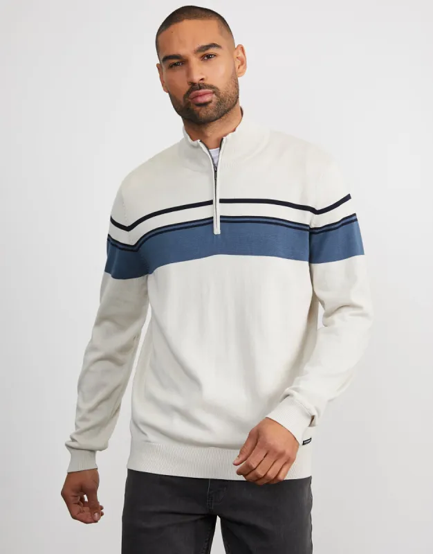 Men's Ecru Mix Quarter Zip Colourblock Jumper sold by Threadbare