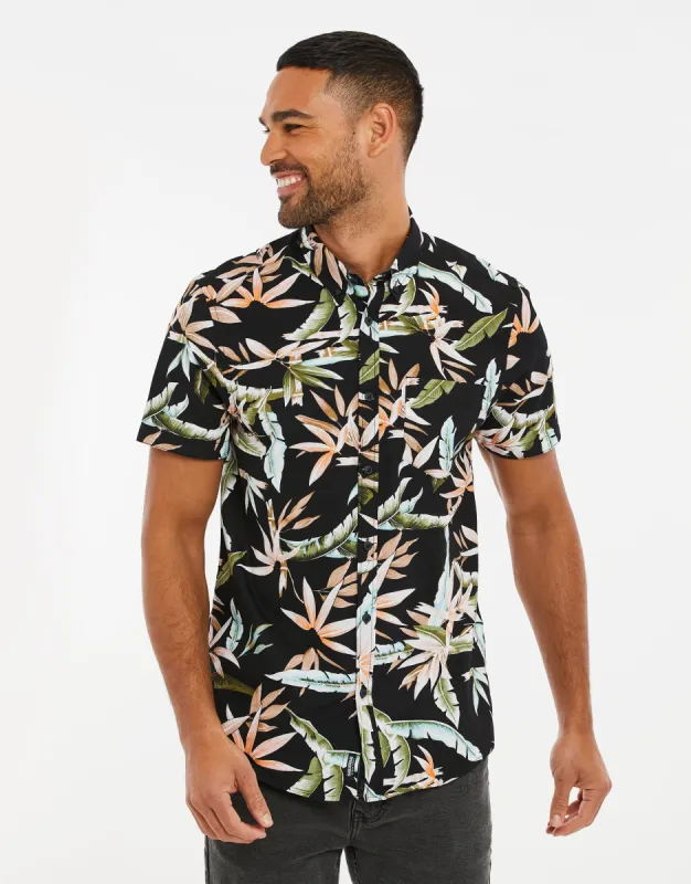 Men's Black Palm Print Short Sleeve Shirt sold by Threadbare
