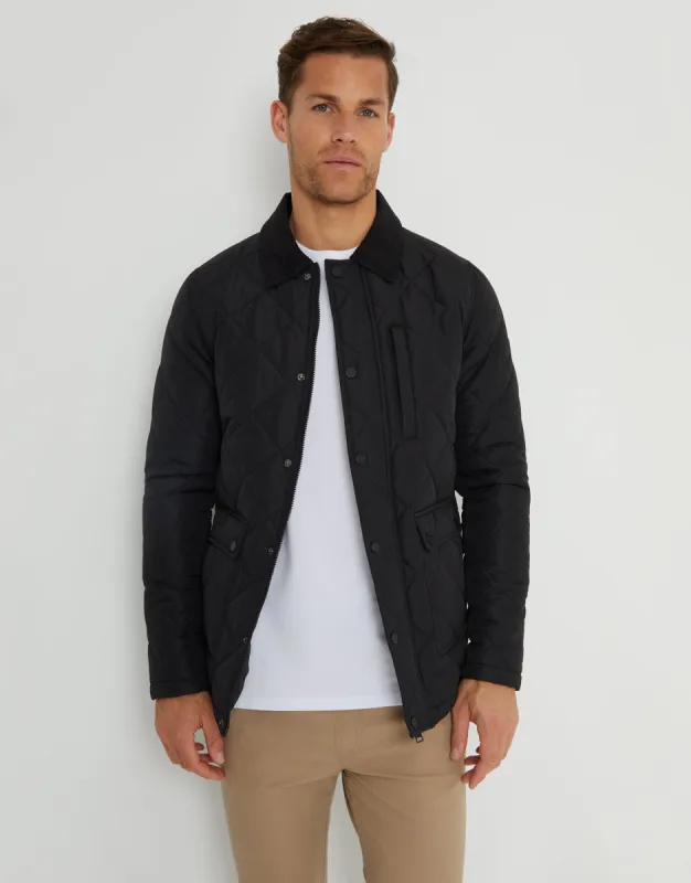Threadbare Men's Black Showerproof Diamond Quilted Collared Jacket sold by Threadbare
