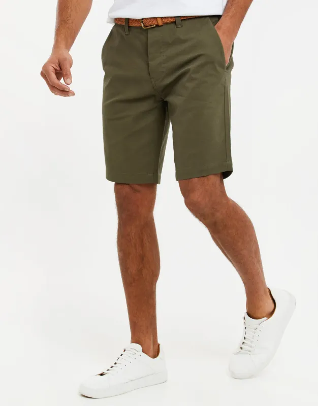 Men's Khaki Belted Chino Shorts sold by Threadbare