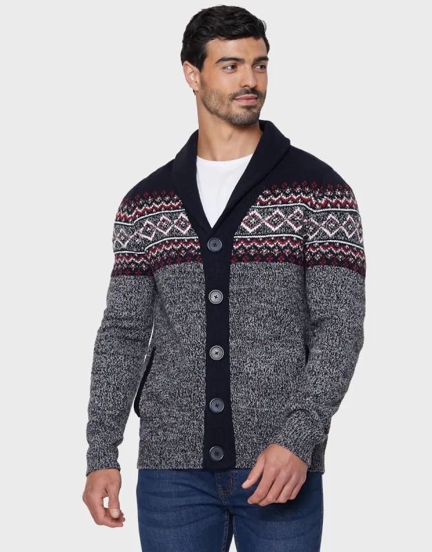 Men's Navy Fairisle Shawl Cardigan sold by Threadbare