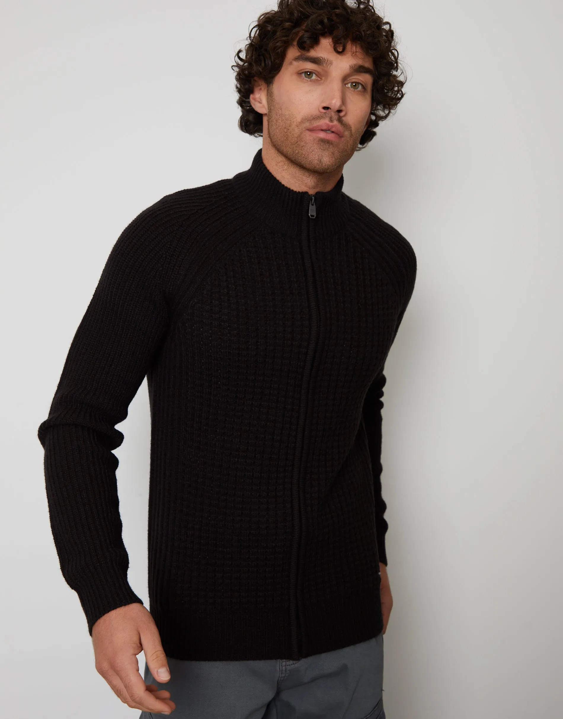 Men's Jet Black Zip-Up Cardigan sold by Threadbare