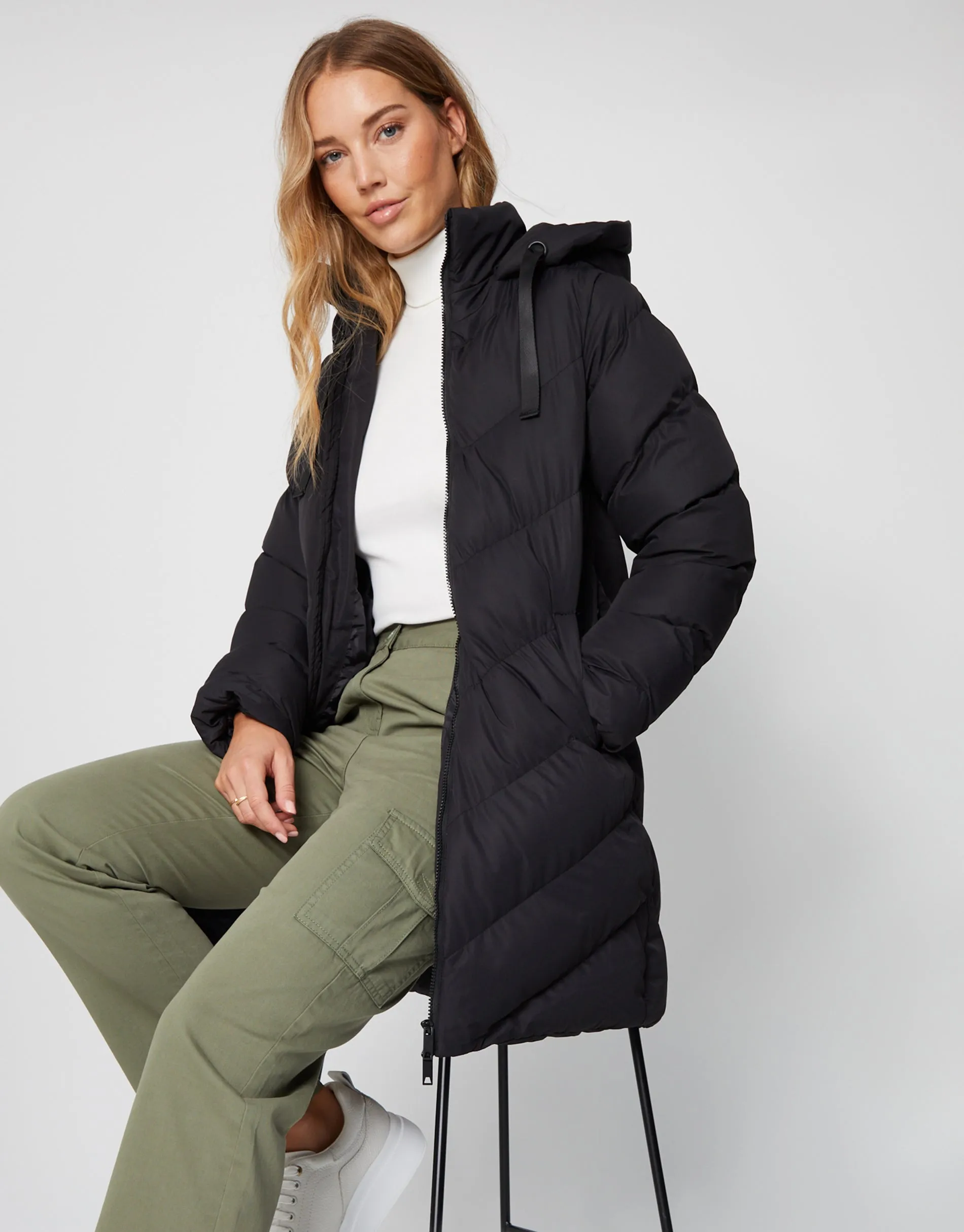 Women's Black Padded Mid Length Hooded Puffer Jacket sold by Threadbare
