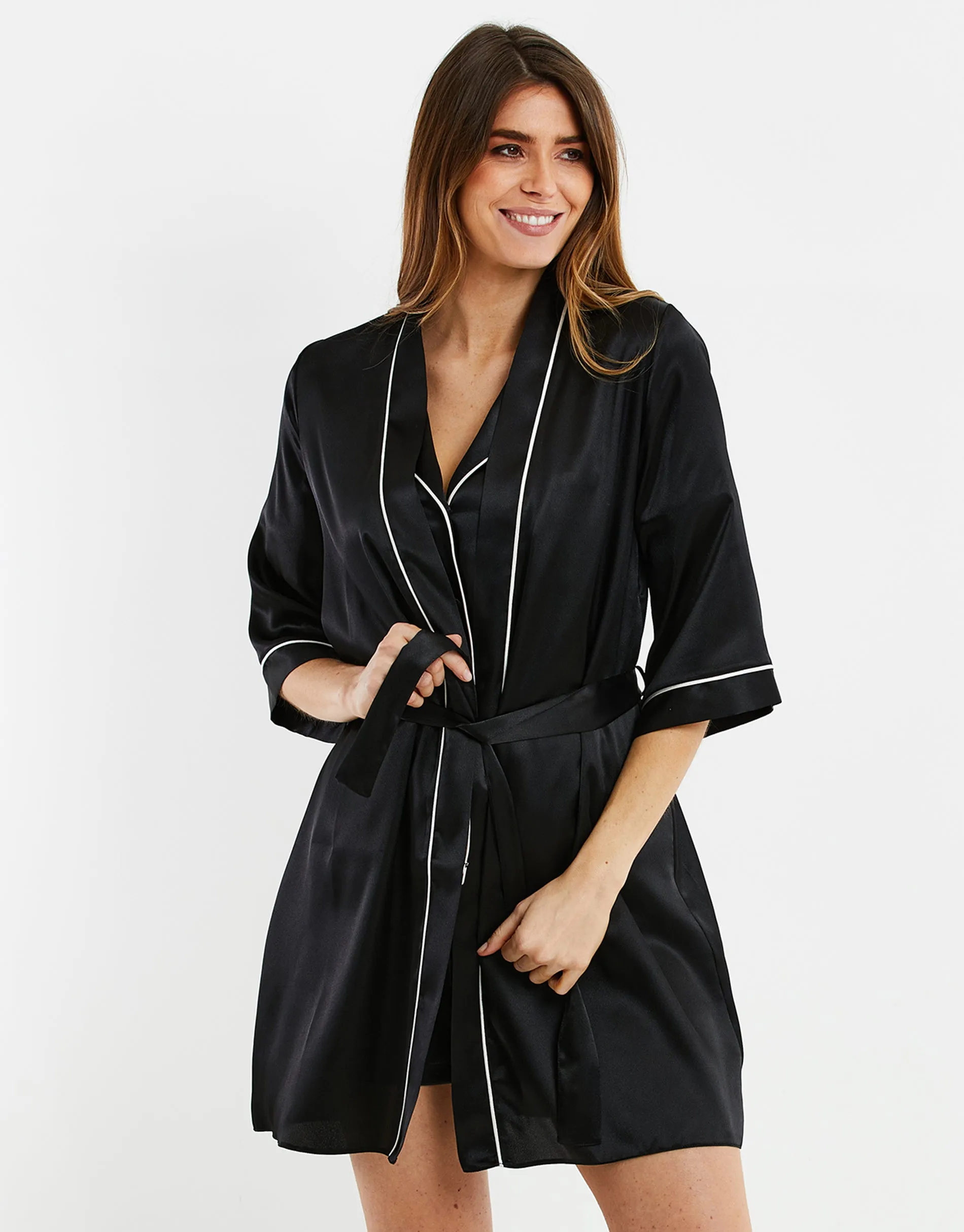 Women's Black Satin Kimono Robe sold by Threadbare