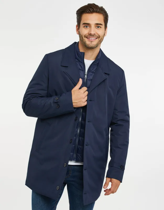 Men's Navy Longline Mock Layer Mac sold by Threadbare
