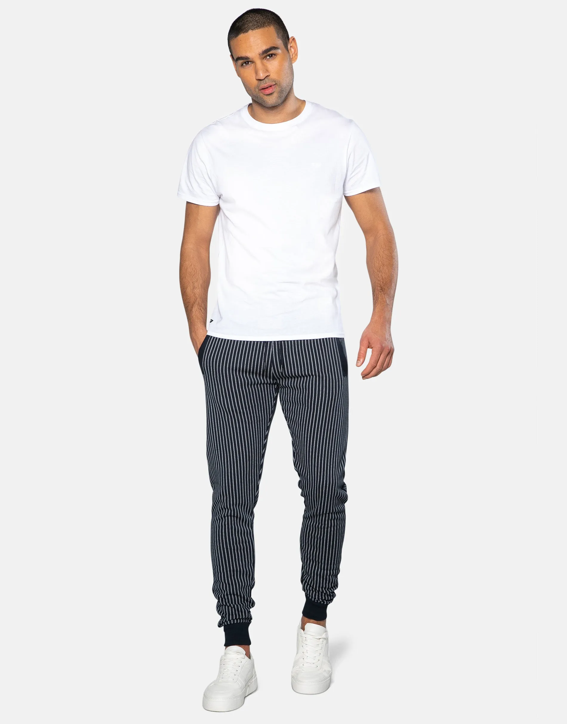 Men's Navy Pinstripe Slim Fit Joggers sold by Threadbare product image thumbnail 3