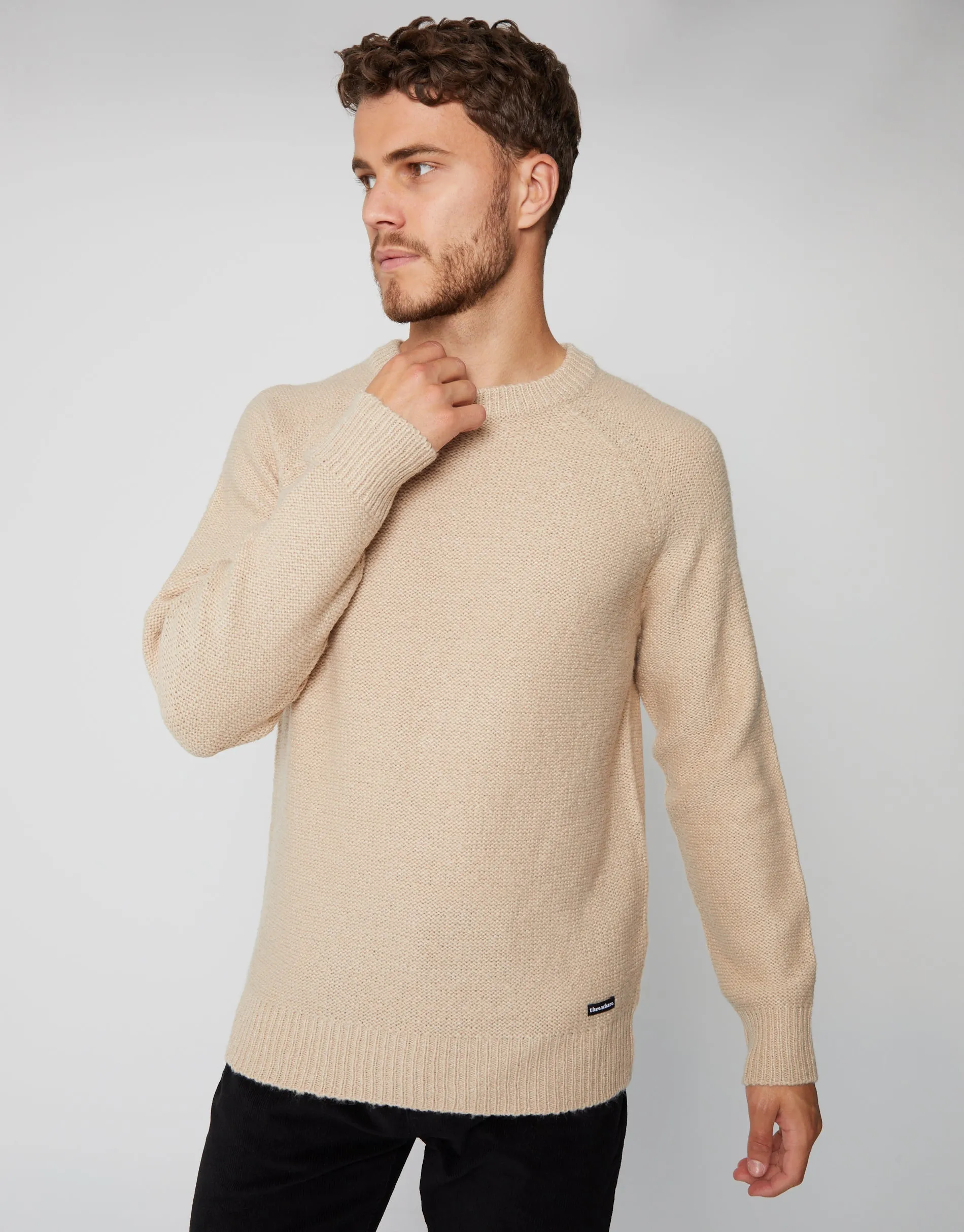 Men's Ecru Twist Raglan Sleeve Crew Neck Jumper sold by Threadbare