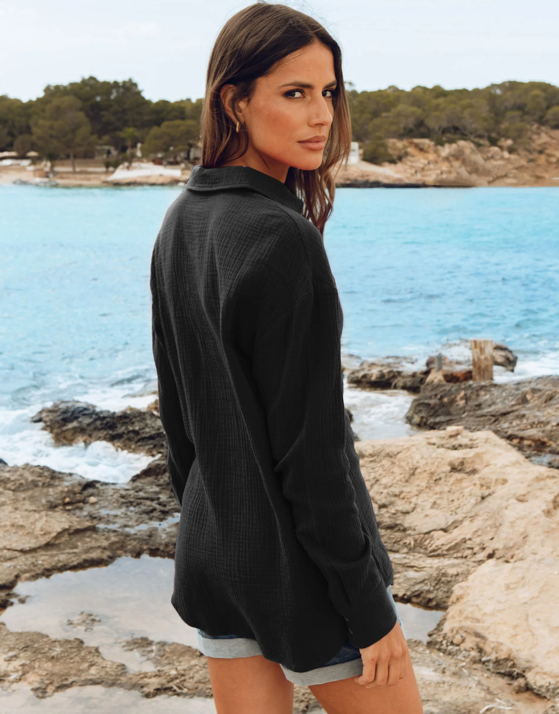 Women's Black Long Sleeve Crinkle Cotton Shirt sold by Threadbare product image thumbnail 2