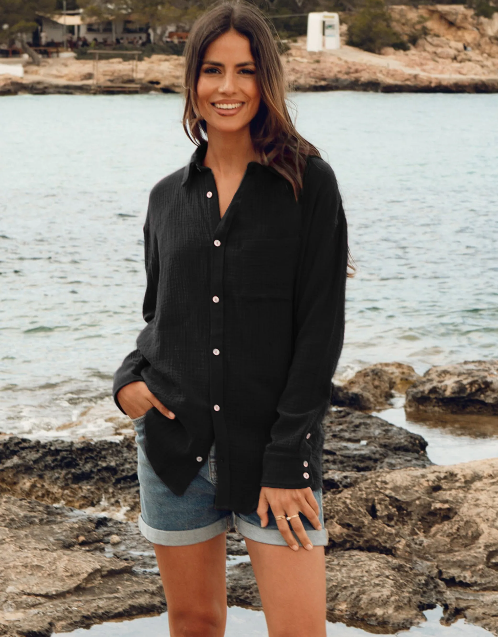 Women's Black Long Sleeve Crinkle Cotton Shirt sold by Threadbare product image thumbnail 4