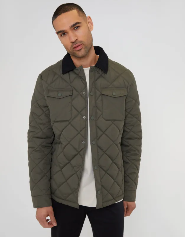 Men's Khaki Showerproof Quilted Microfleece Lined Collared Jacket sold by Threadbare