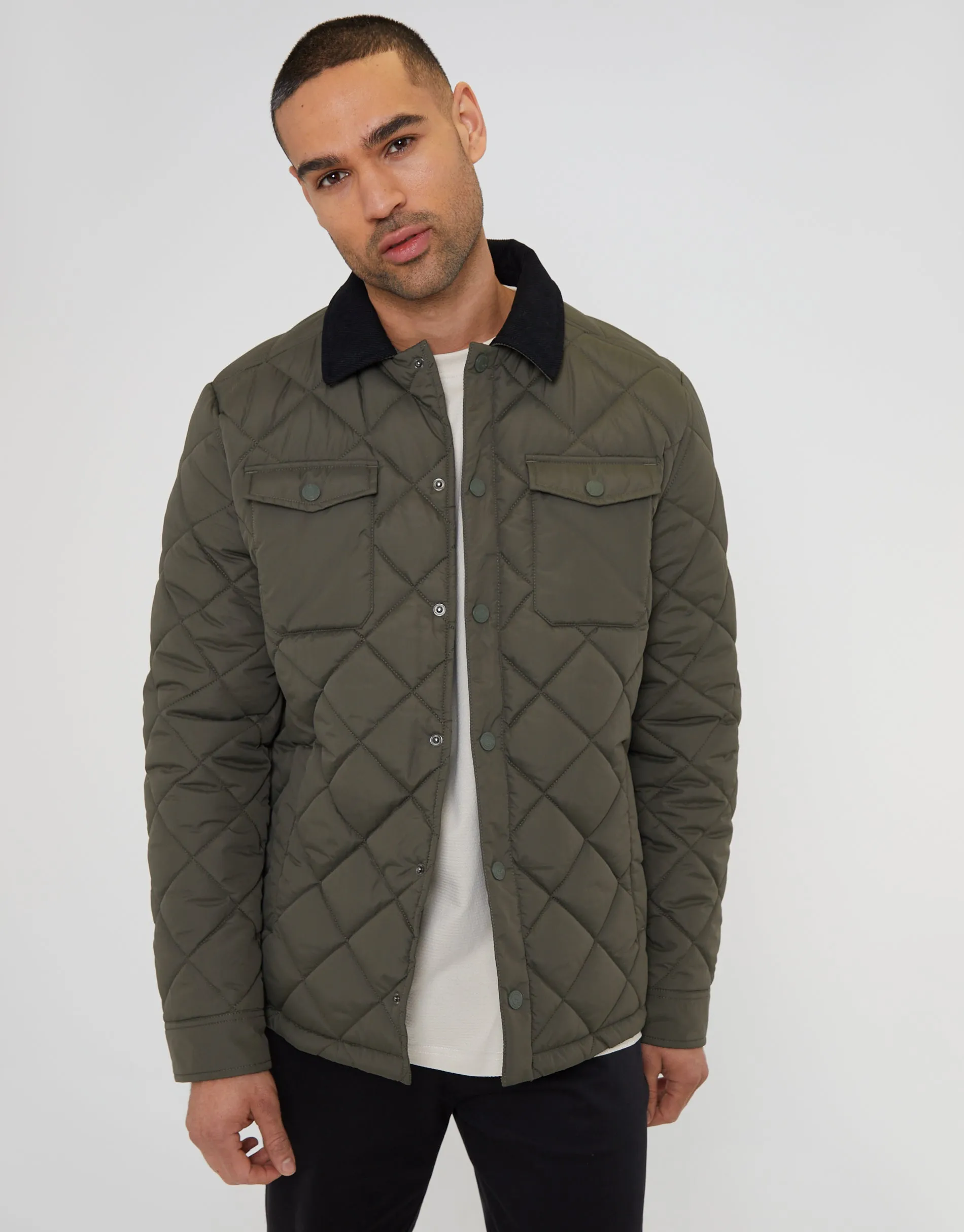 Men's Khaki Showerproof Quilted Microfleece Lined Collared Jacket sold by Threadbare