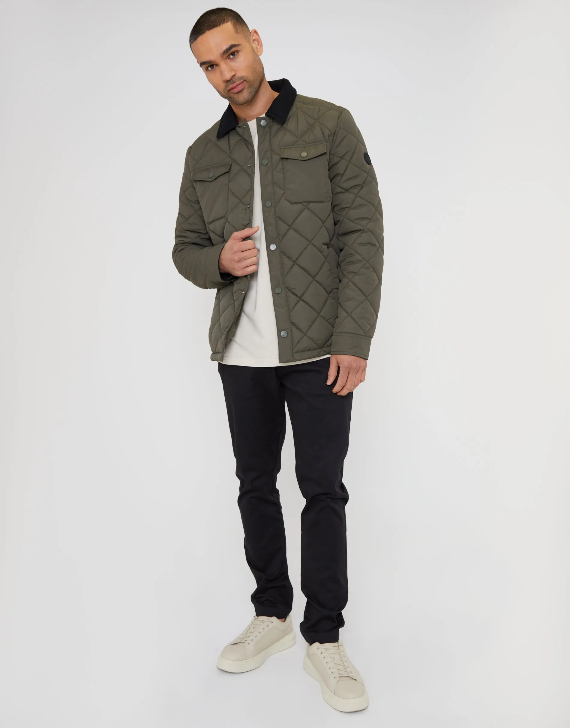 Men's Khaki Showerproof Quilted Microfleece Lined Collared Jacket sold by Threadbare product image thumbnail 3