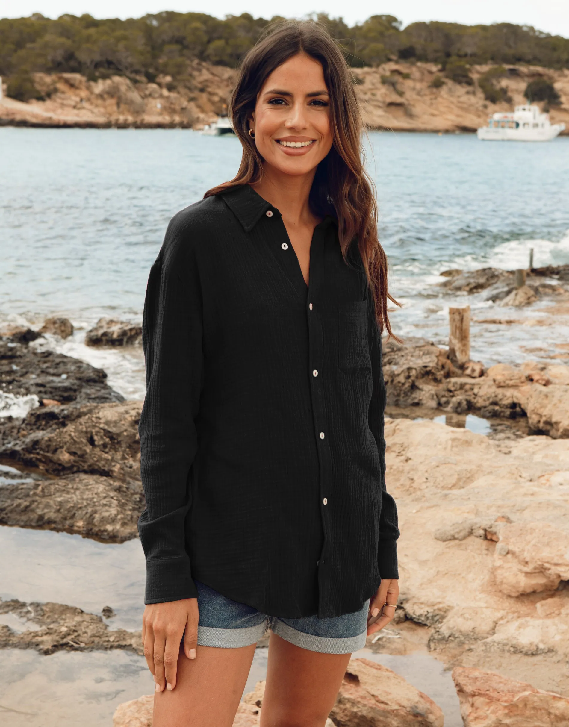 Women's Black Long Sleeve Crinkle Cotton Shirt sold by Threadbare