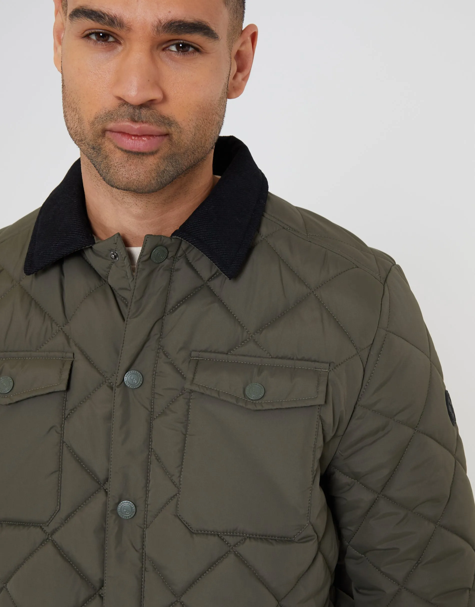 Men's Khaki Showerproof Quilted Microfleece Lined Collared Jacket sold by Threadbare product image thumbnail 4