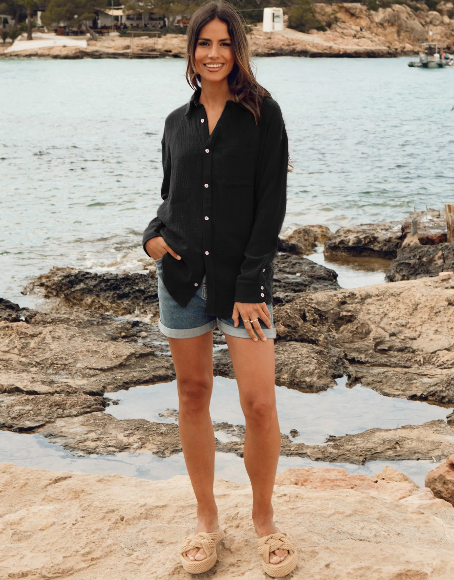 Women's Black Long Sleeve Crinkle Cotton Shirt sold by Threadbare product image thumbnail 3