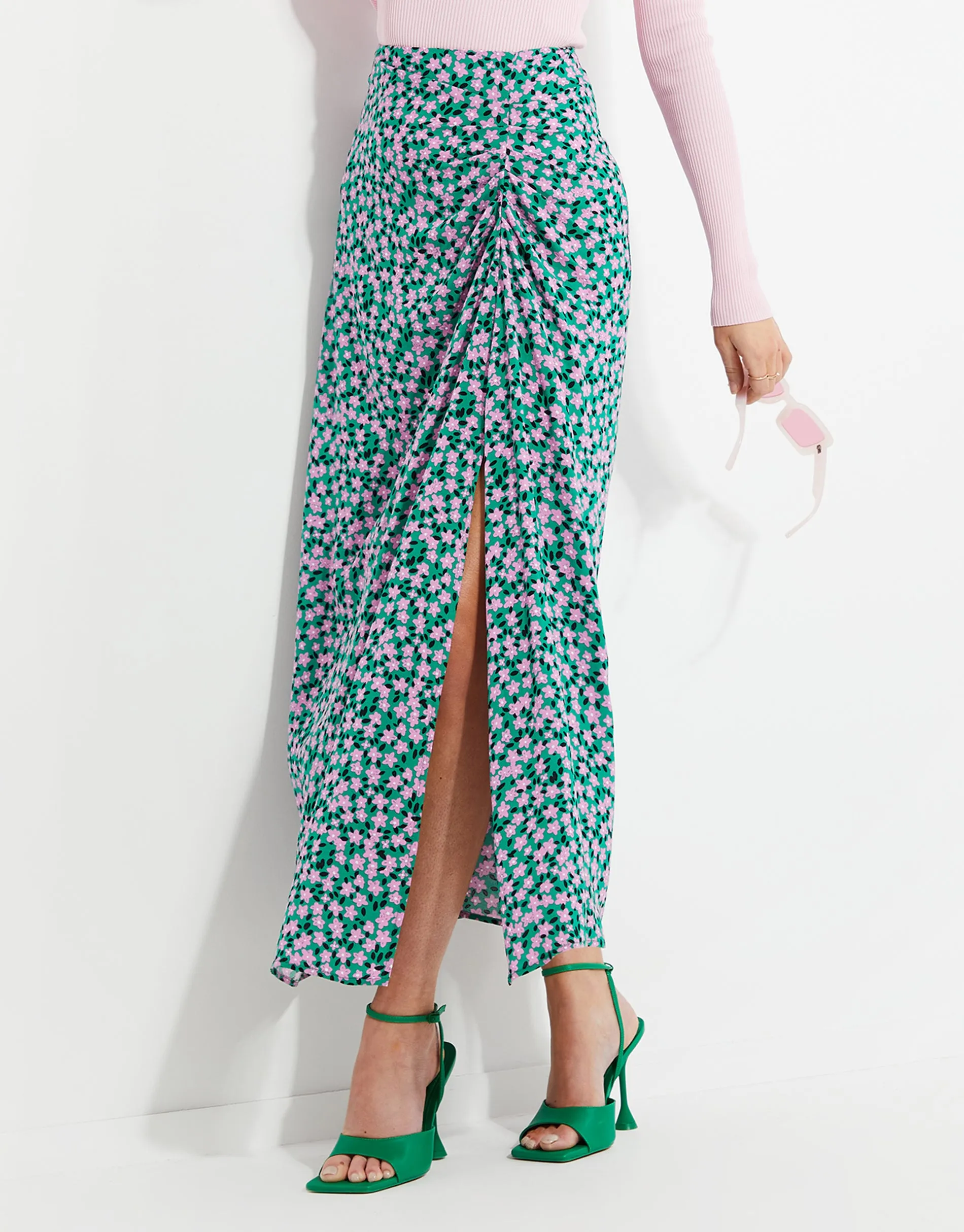 Women's Green Floral Print Midi Skirt sold by Threadbare