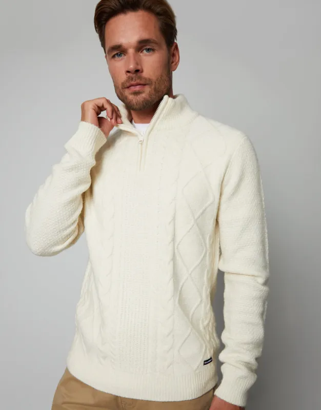 Men's Ecru Cable Knit Quarter Zip Jumper sold by Threadbare
