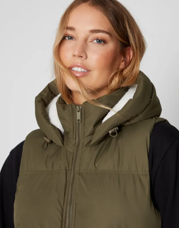 Women's Khaki Padded Gilet with Borg-Lined Hood sold by Threadbare