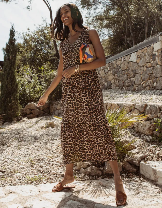 Women's Leopard Print Tiered Sleeveless Midi Dress with Pockets sold by Threadbare