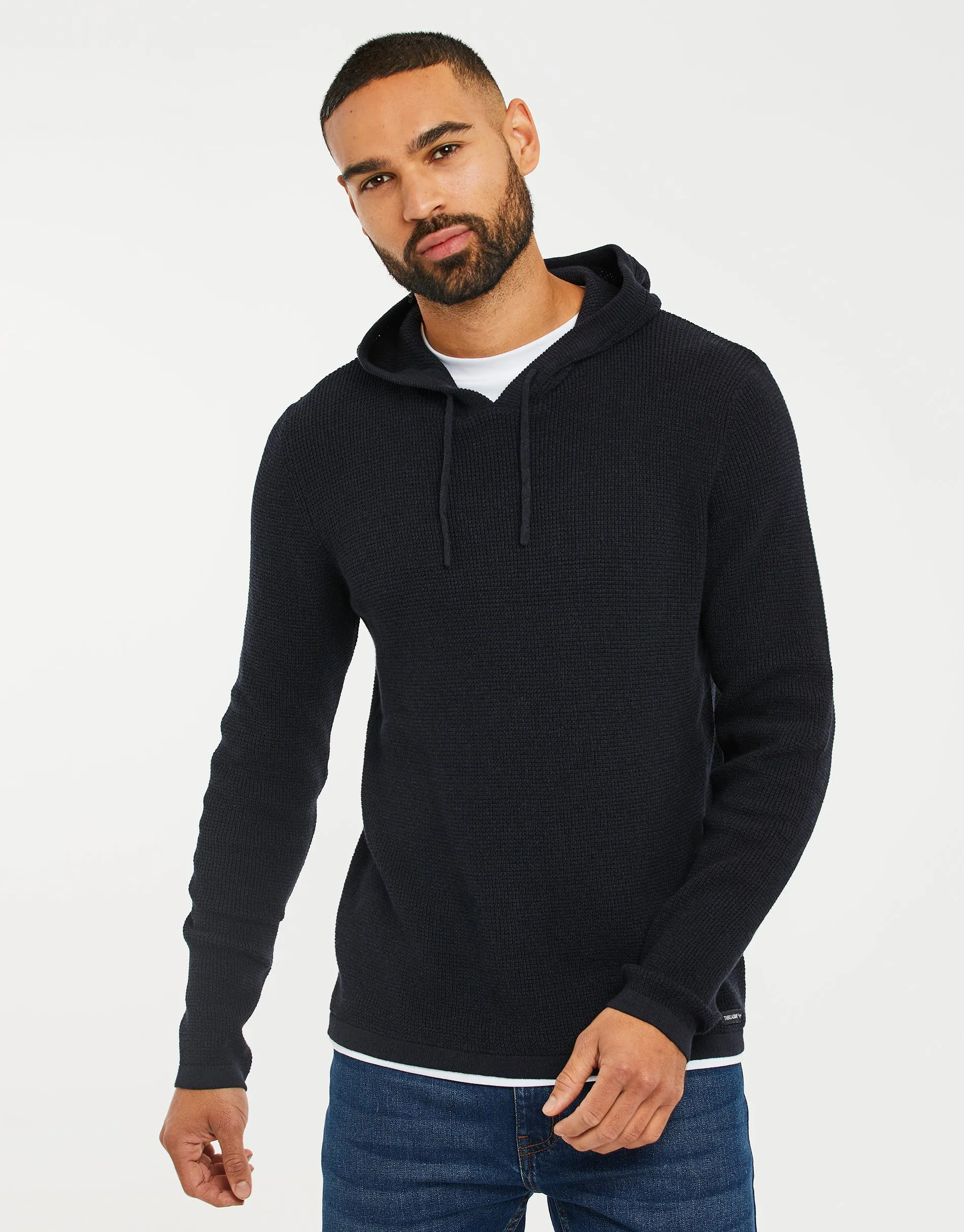 Men's Navy Twist Mock T-Shirt Knitted Hoodie sold by Threadbare