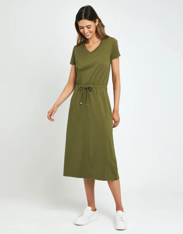 Women's Khaki Jersey Short Sleeve V Neck Midi Dress sold by Threadbare