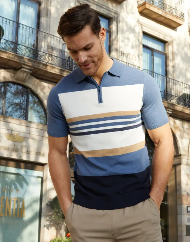 Men's Blue & Ecru Colourblock Stripe Quarter Zip Knit Polo sold by Threadbare