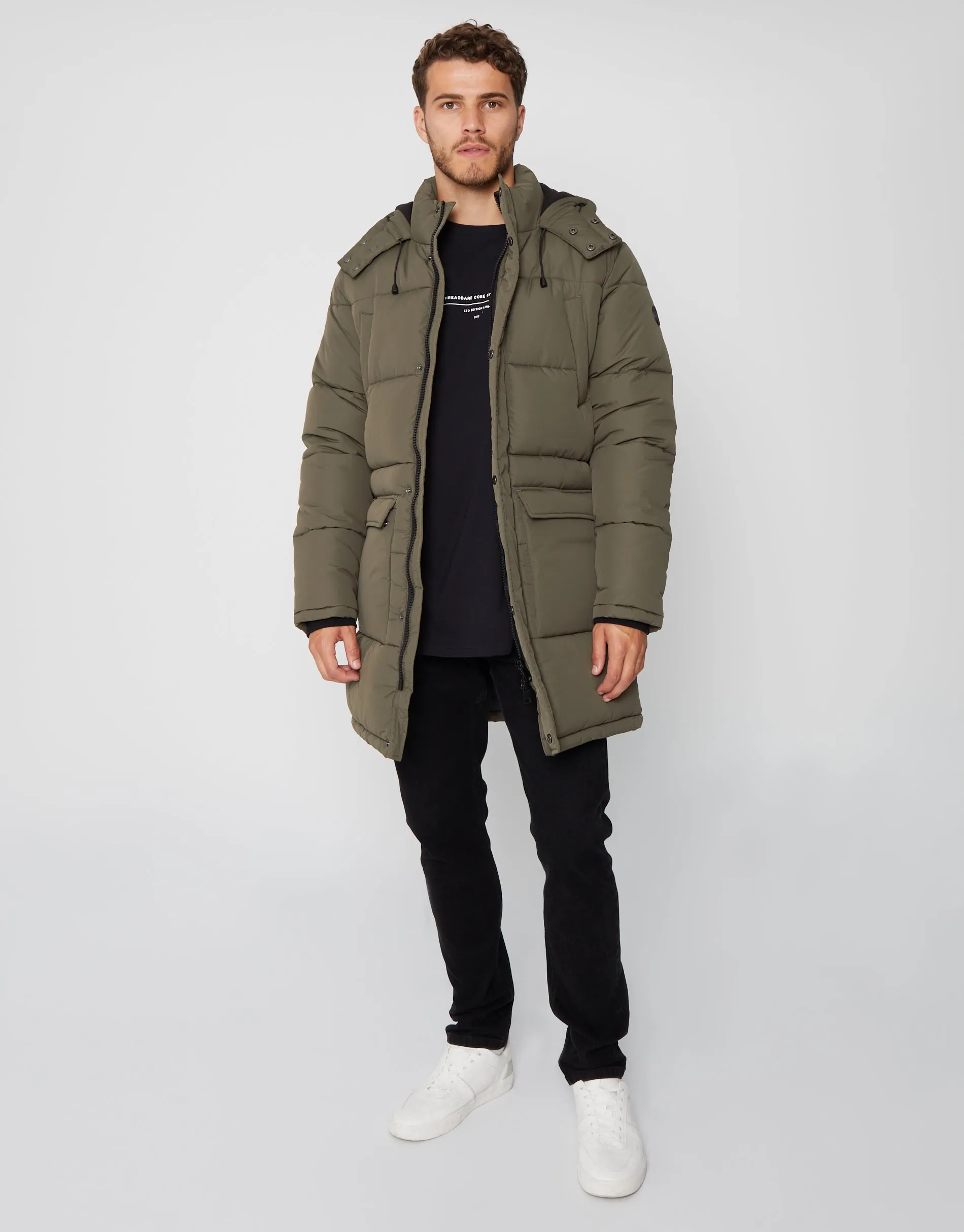 Men's Khaki Showerproof Longline Hooded Puffer Jacket sold by Threadbare product image thumbnail 3