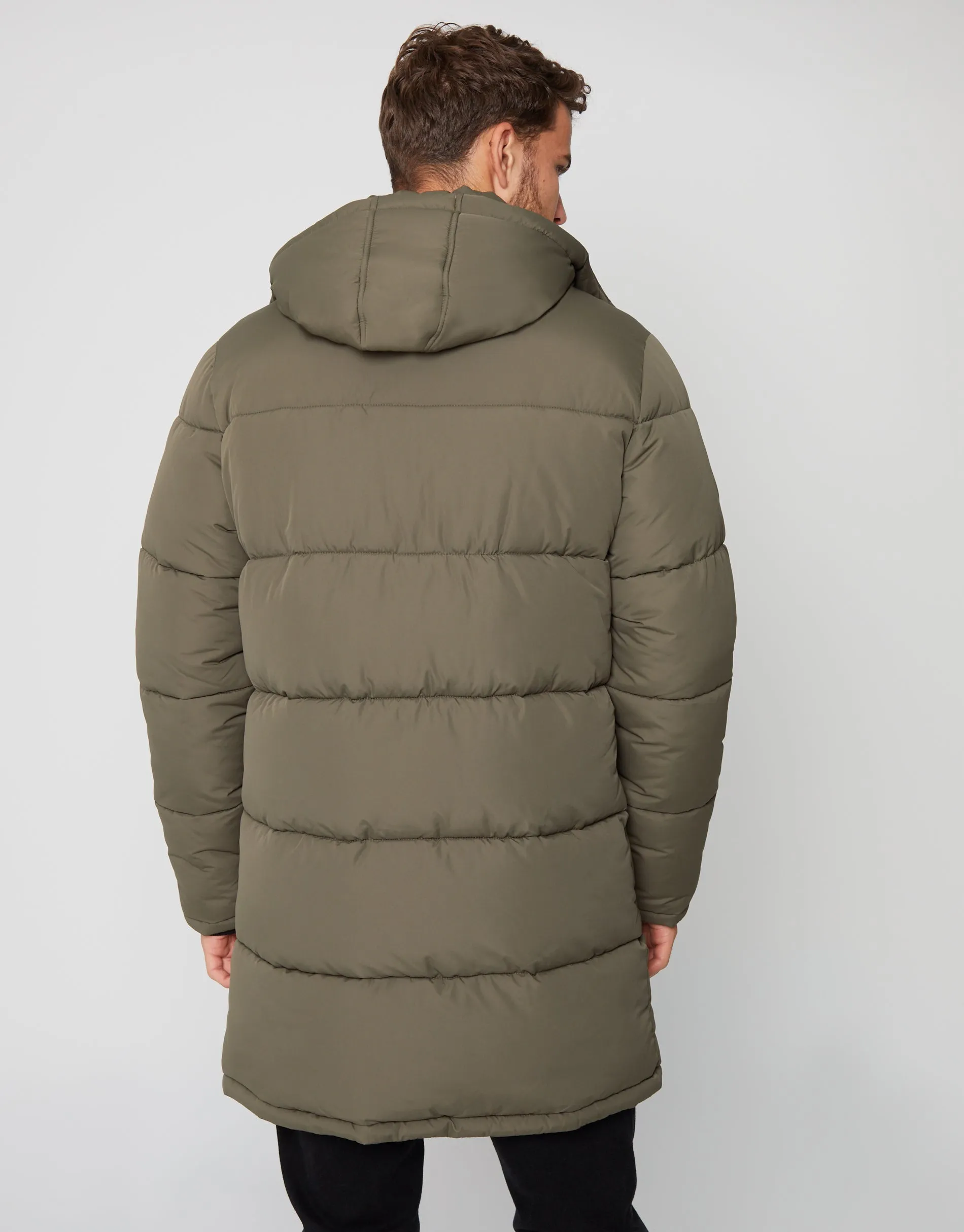 Men's Khaki Showerproof Longline Hooded Puffer Jacket sold by Threadbare product image thumbnail 2