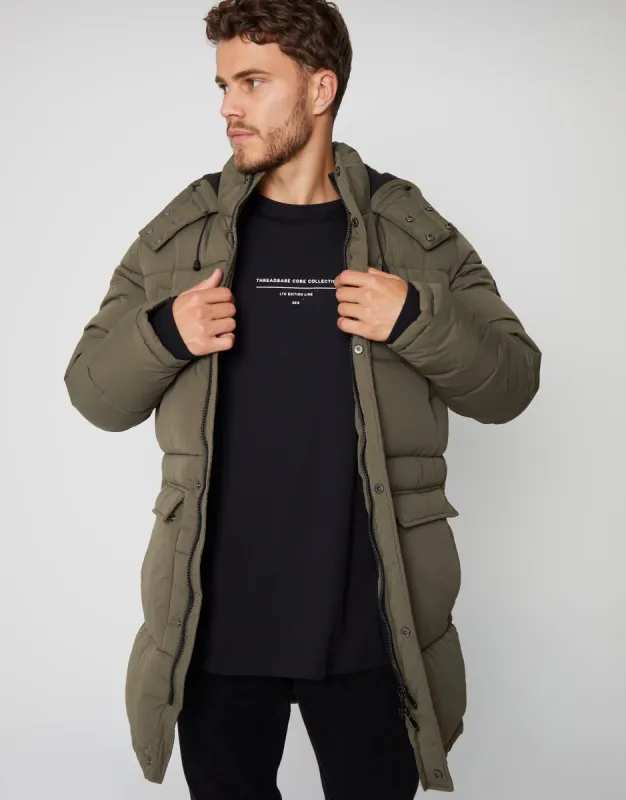 Men's Khaki Showerproof Longline Hooded Puffer Jacket sold by Threadbare