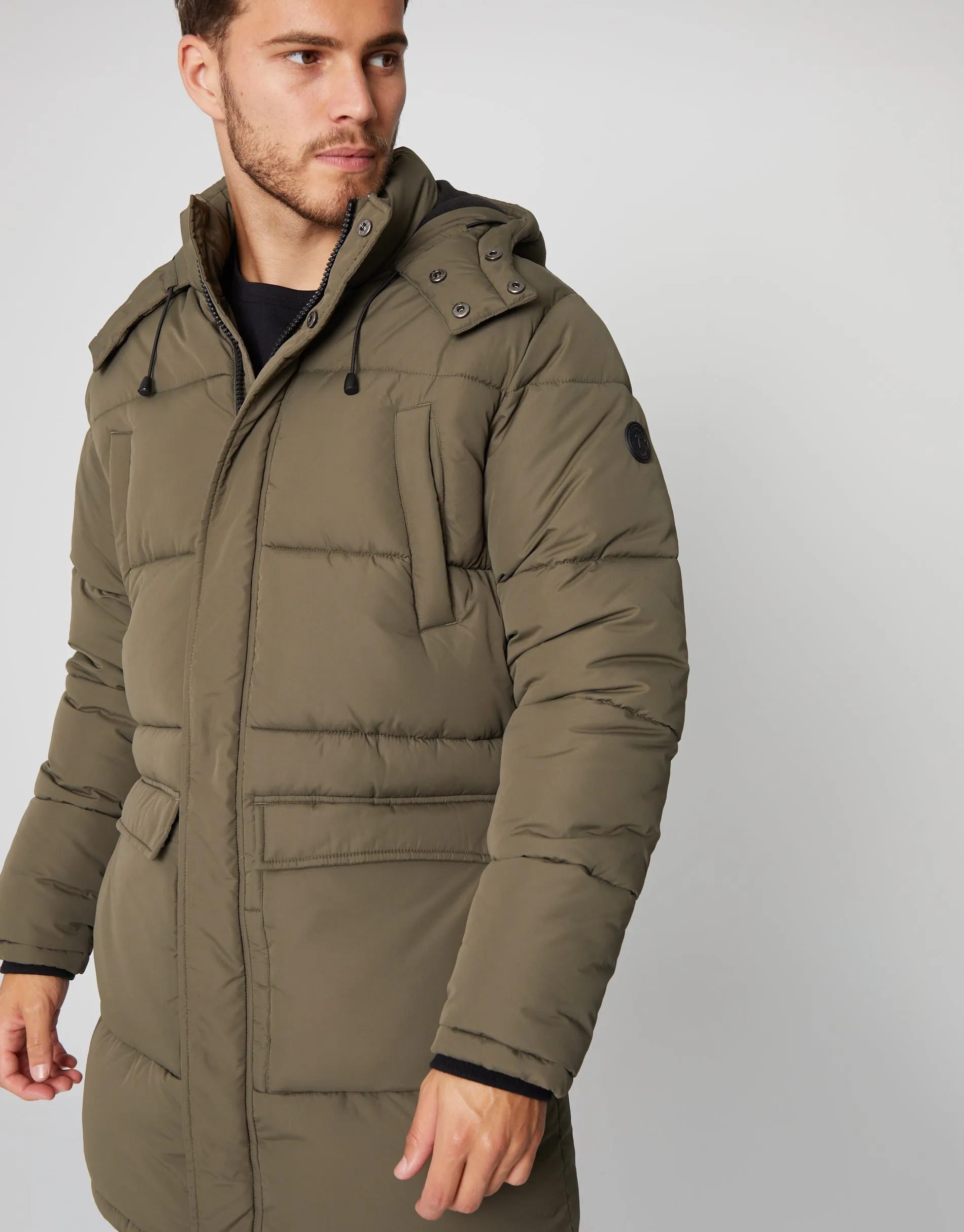 Men's Khaki Showerproof Longline Hooded Puffer Jacket sold by Threadbare product image thumbnail 4