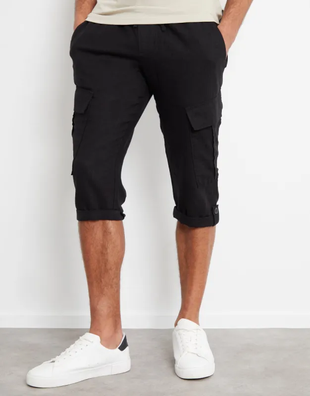 Men's Black Linen Blend 3/4 Length Cargo Trousers sold by Threadbare