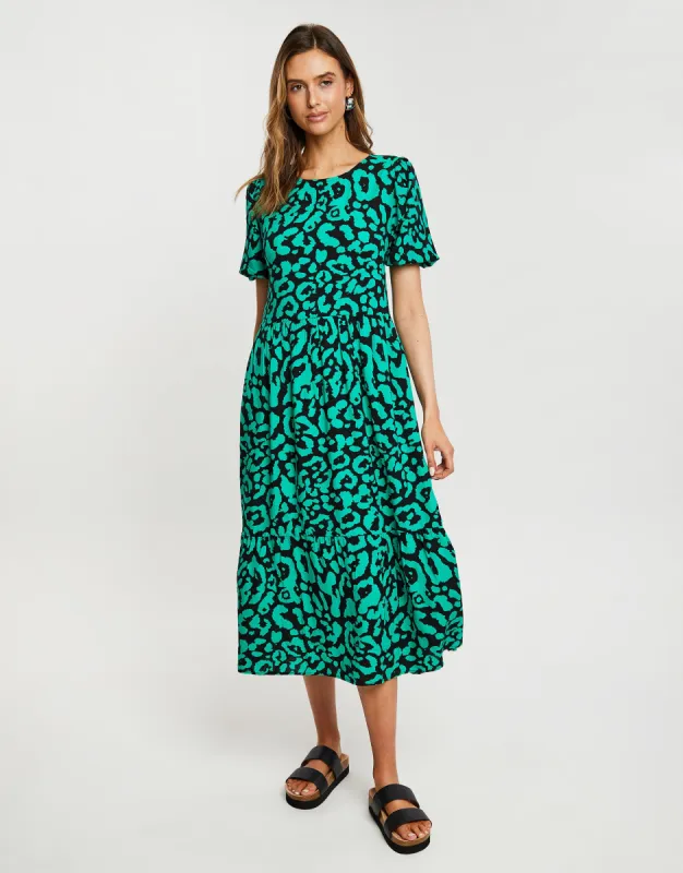 Women's Green Animal Print Puff Sleeve Tiered Smock Midi Dress sold by Threadbare