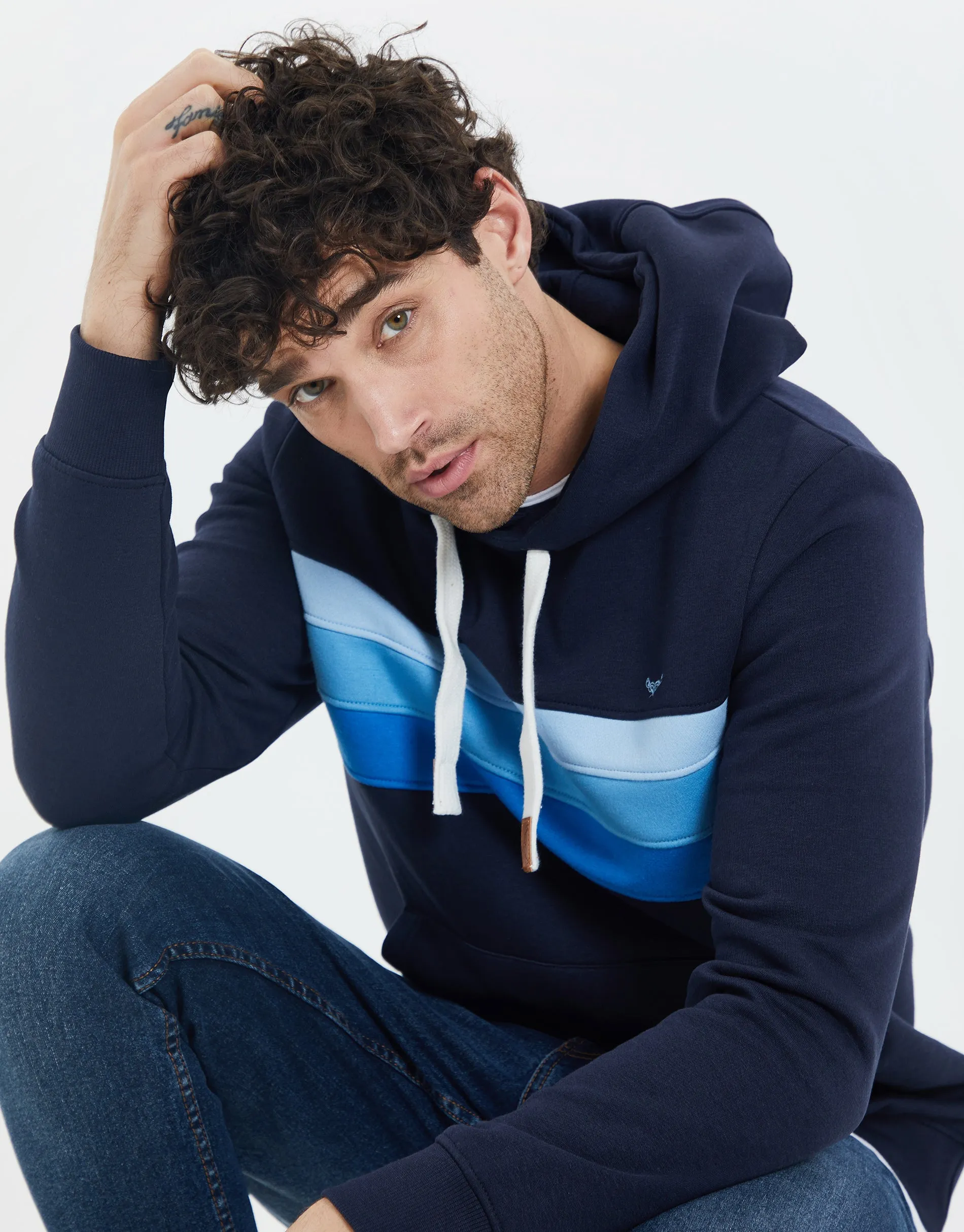Men's Navy Colourblock Chest Panel Hoodie with Kangaroo Pocket sold by Threadbare product image thumbnail 4