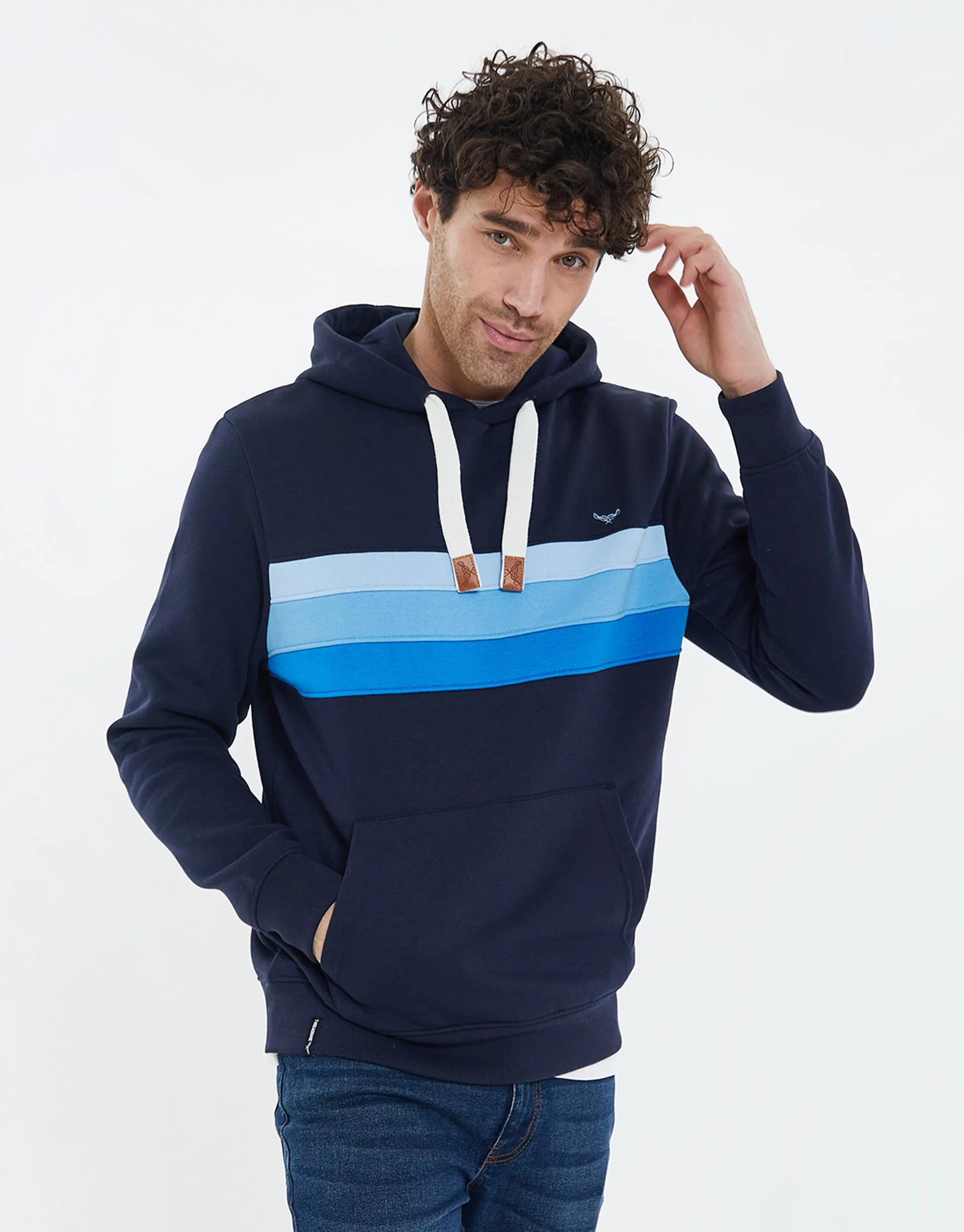 Men's Navy Colourblock Chest Panel Hoodie with Kangaroo Pocket sold by Threadbare