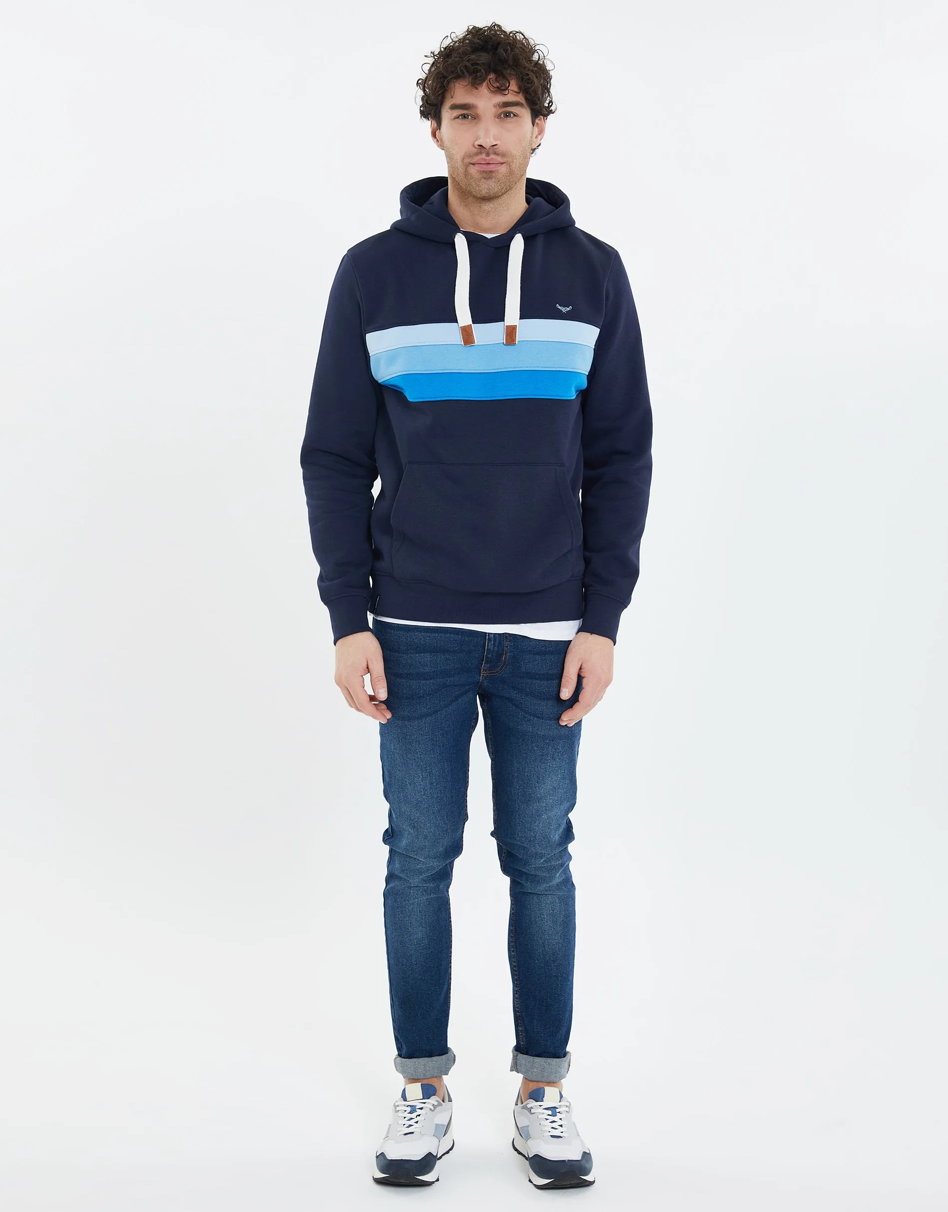 Men's Navy Colourblock Chest Panel Hoodie with Kangaroo Pocket sold by Threadbare product image thumbnail 3