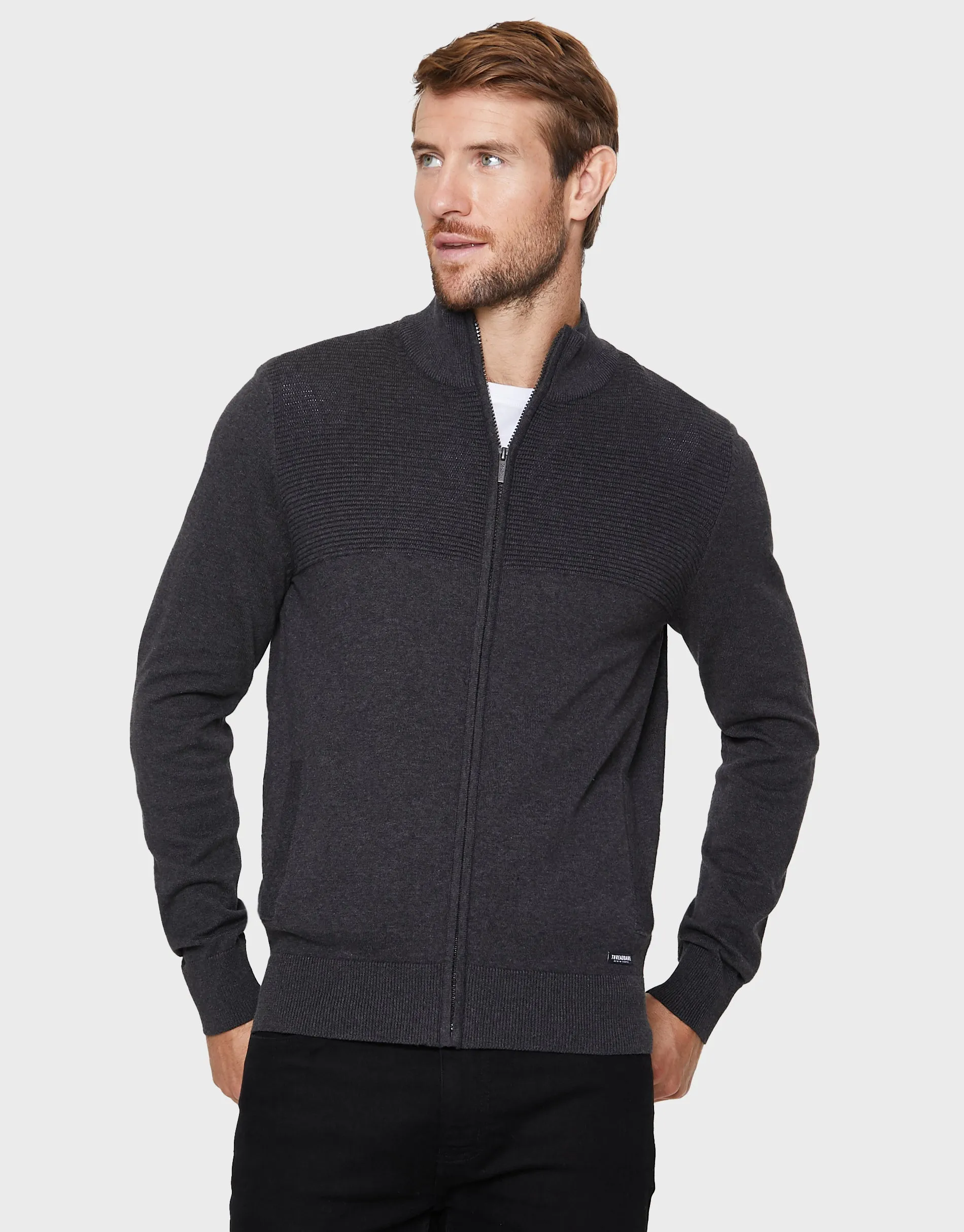 Men's Charcoal Zip-Through Cardigan sold by Threadbare