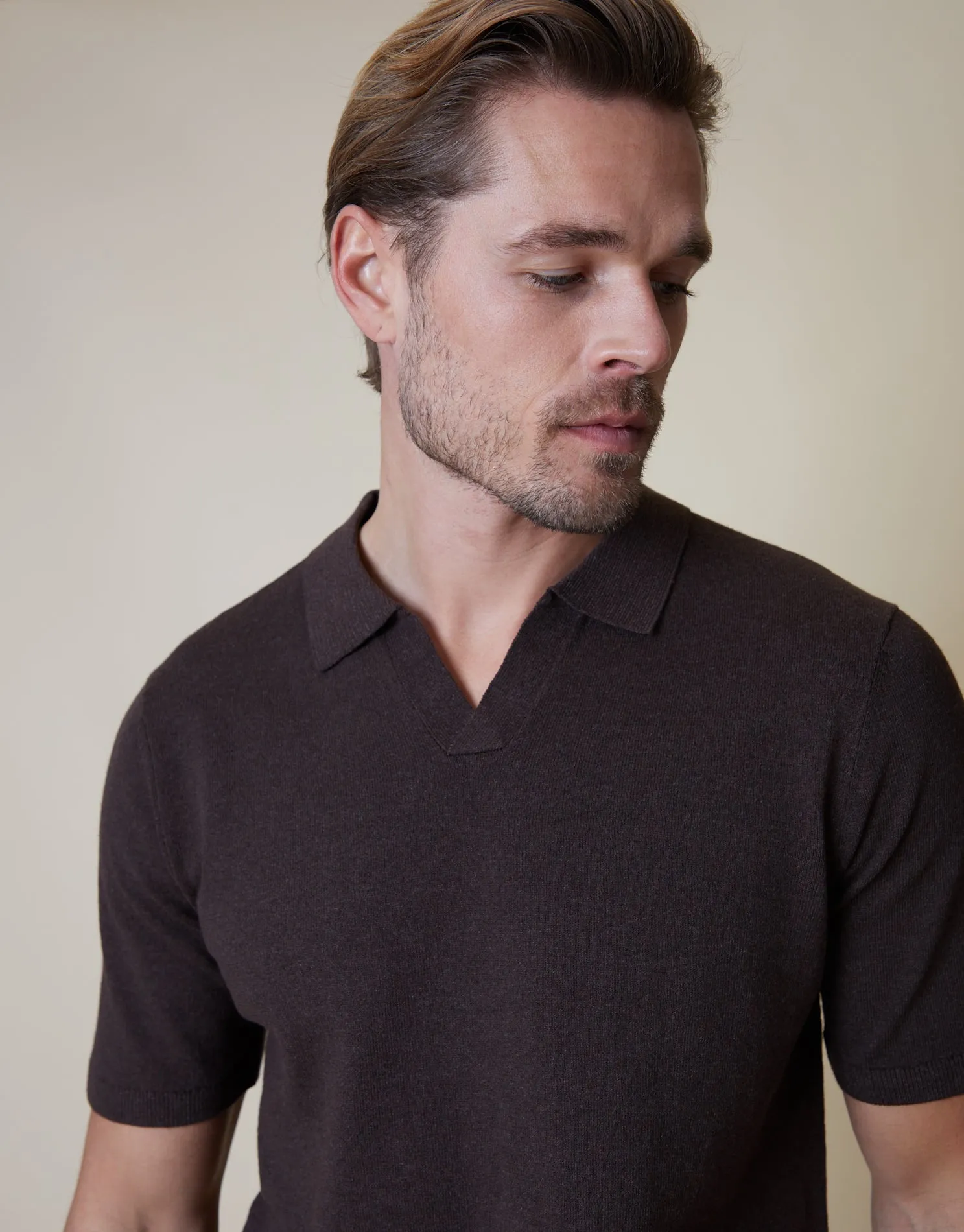 Men's Brown Trophy Neck Knitted Polo sold by Threadbare product image thumbnail 4