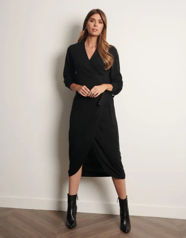 Women's Black Midi Wrap Dress sold by Threadbare