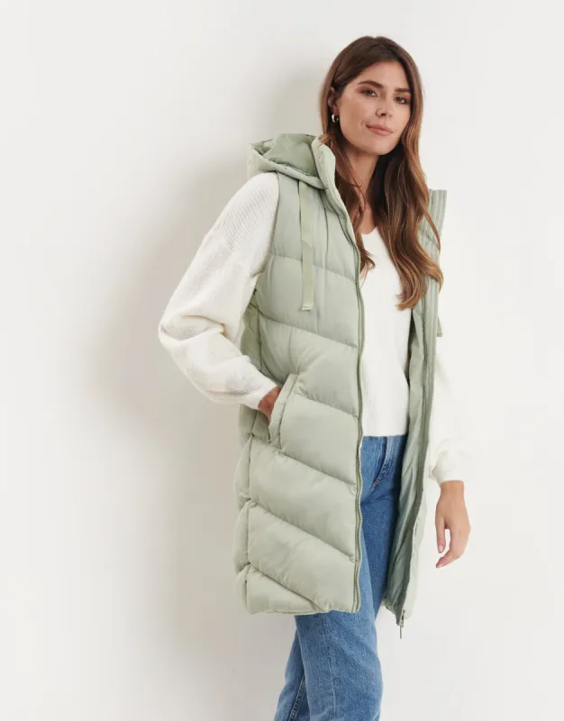 Women's Sage Longline Padded Gilet sold by Threadbare